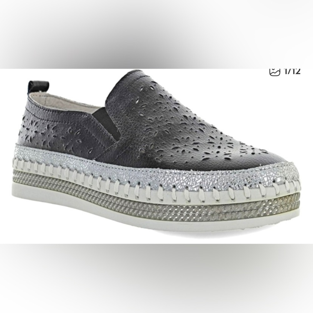 Bernie Mev Navy Blue Leather Laser Cut Slip On Shoes